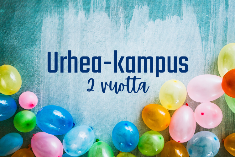 Urhea-kampus 2 vuotta vaaleansinisellä taustalla, alareunassa paljon eri värisiä ilmapalloja